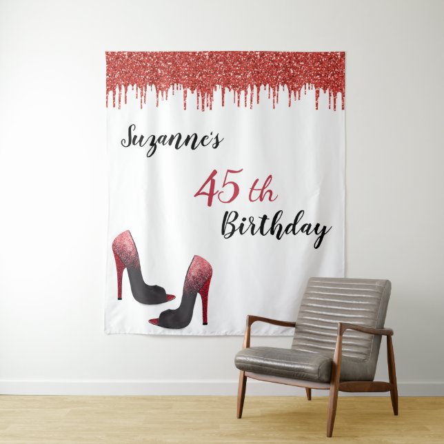 Photo Backdrop Custom Birthday Party Red Glitter Tapestry (In Situ)