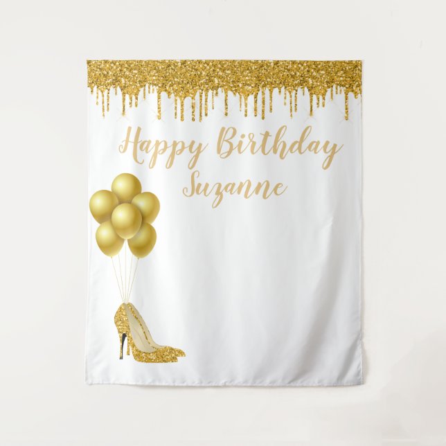 Photo Backdrop Happy Birthday Party Gold Glitter Tapestry (Front)