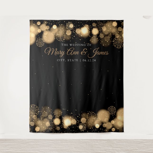Photo Backdrop Winter Wedding Names Gold Lights Tapestry (Front)