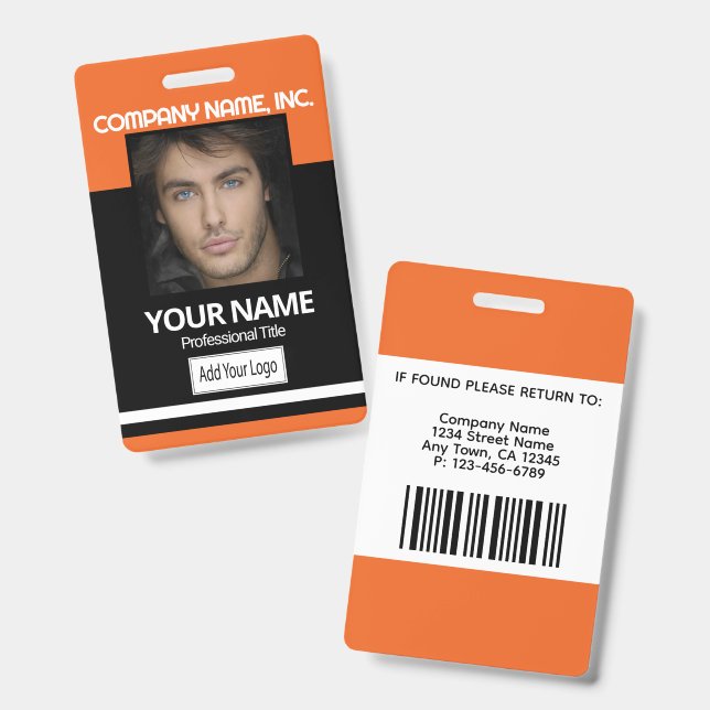Photo Badge - Orange and Black ID Badge (Front & Back)