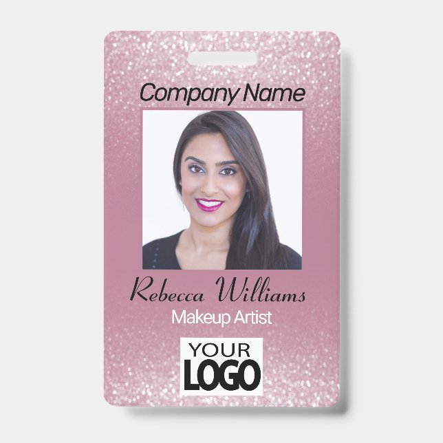 Photo Badge - Pink Rose Glitter ID Badge (Front)