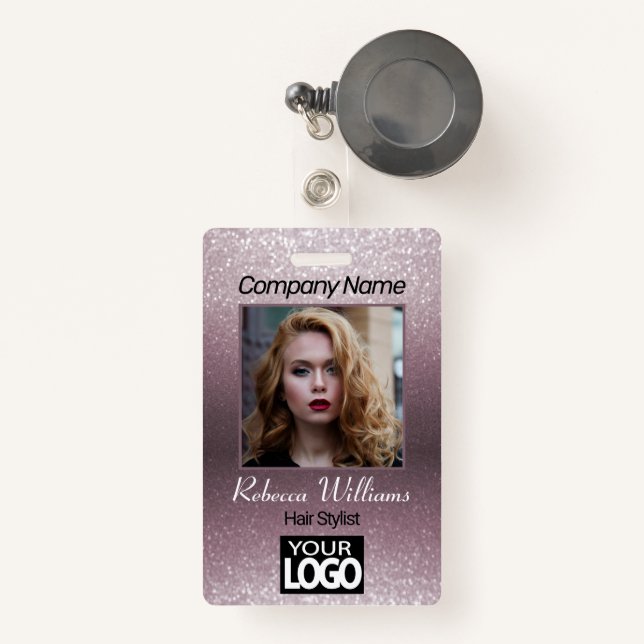 Photo Badge - Rose Gold with Faux Glitter ID Badge (Front with Retractable)