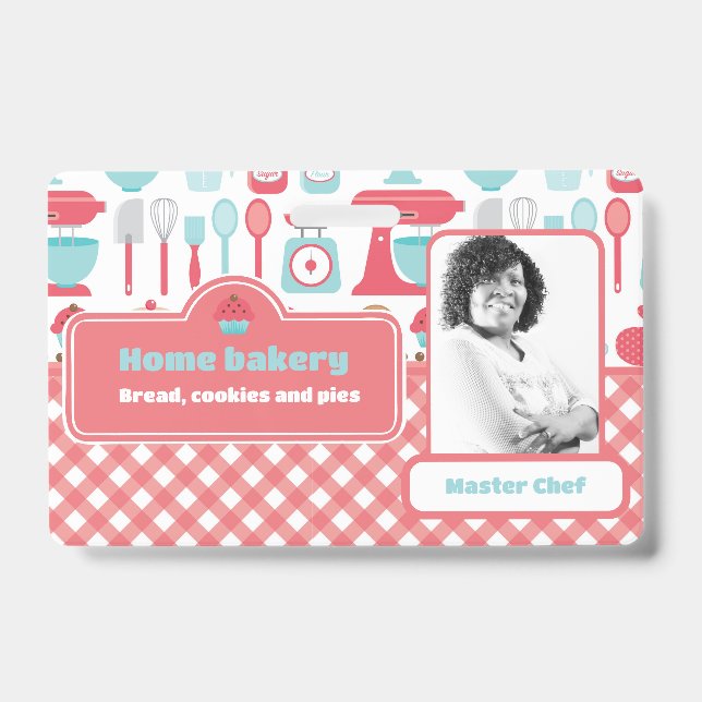 Photo Bakery Baking Utensils Pattern Red Gingham ID Badge (Front)