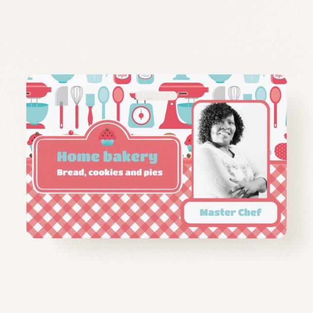 Photo Bakery Baking Utensils Pattern Red Gingham ID Badge (Front)