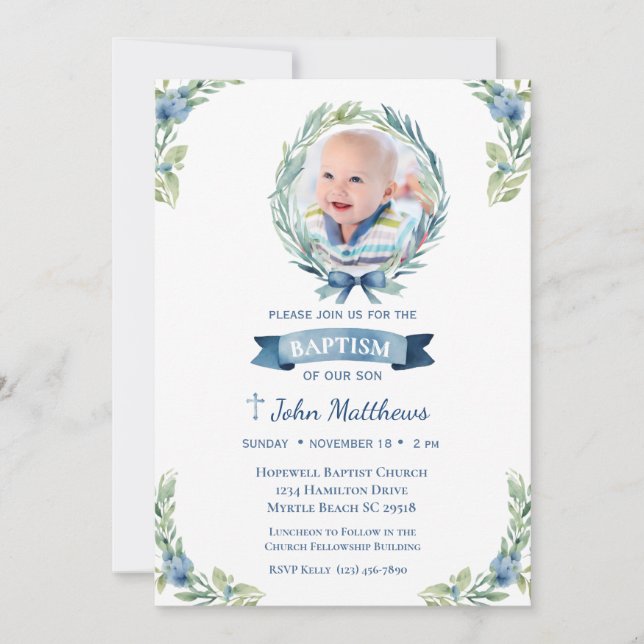 Photo Baptism Blue Cross Floral  Boys Invitation (Front)