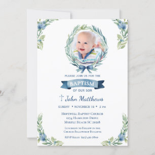 Photo Baptism Blue Cross Floral  Boys Invitation