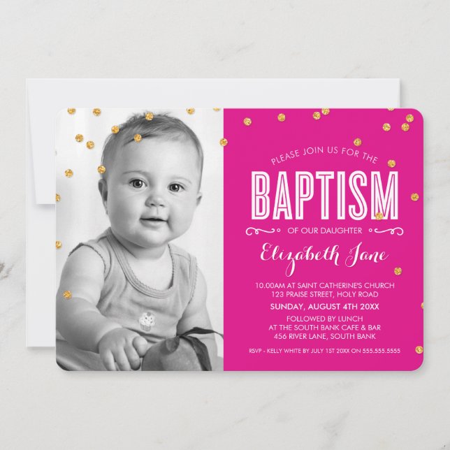 PHOTO BAPTISM cute gold glitter confetti hot pink Invitation (Front)