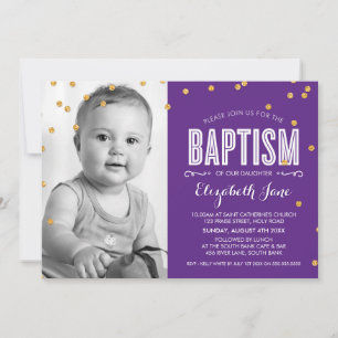PHOTO BAPTISM cute gold glitter confetti purple Invitation