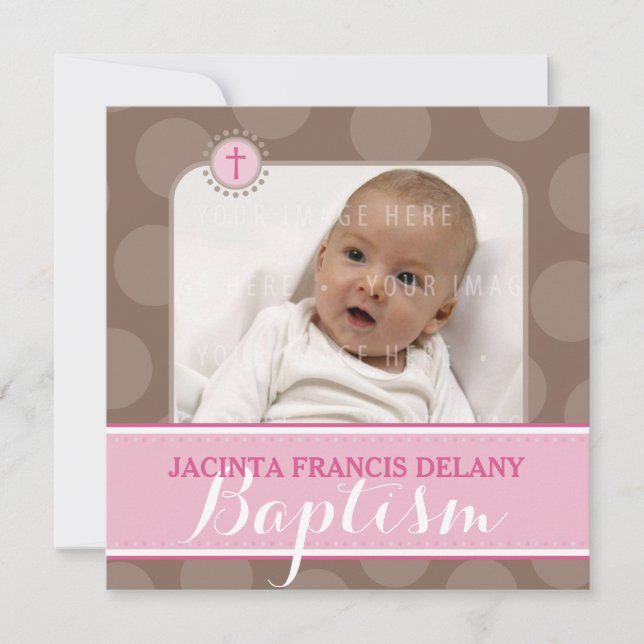 PHOTO BAPTISM cute large polka dot pink Invitation (Front)