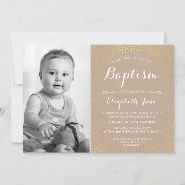 PHOTO BAPTISM cute mini gold confetti white kraft Invitation (Front)