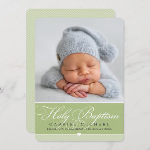 PHOTO BAPTISM elegant calligraphy sweet boy green Invitation