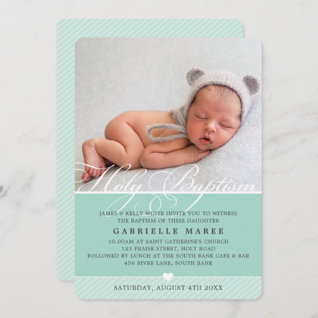 PHOTO BAPTISM fancy flourish calligraphy cute mint Invitation (Front/Back)