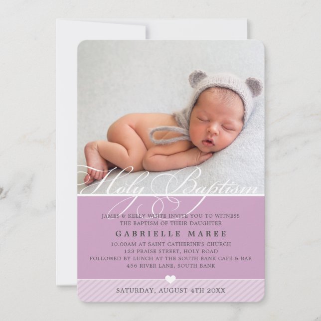 PHOTO BAPTISM fancy flourish calligraphy lilac Invitation (Front)