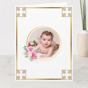 Photo baptism gold cross floral bouquet chic card