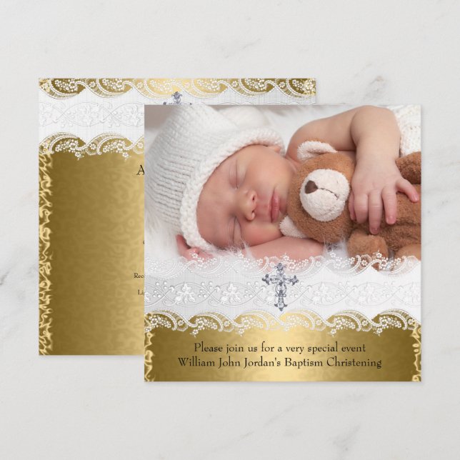 Photo Baptism Gold Lace Cross Baby Boy Girl Invitation (Front/Back)