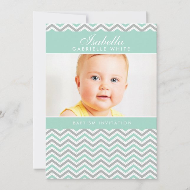PHOTO BAPTISM INVITATION :: sweet chevron mint (Front)