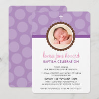PHOTO BAPTISM INVITE cute polka dot pattern purple