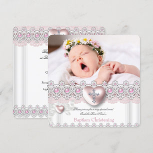 Photo Baptism Pink Silver Heart Cross Girl Pearl Invitation