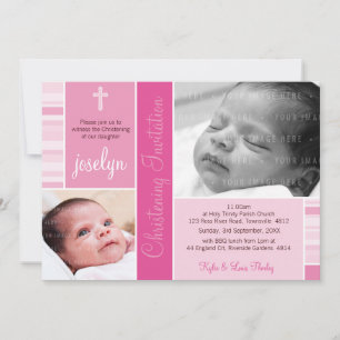 PHOTO BAPTISM pretty striped essence pattern pink Invitation