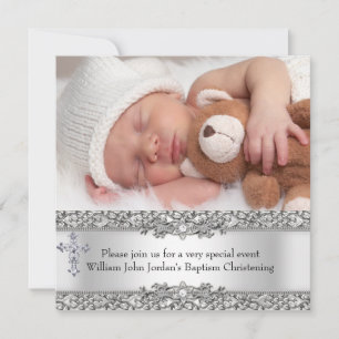 Photo Baptism Silver Lace Cross Baby Boy Girl Invitation