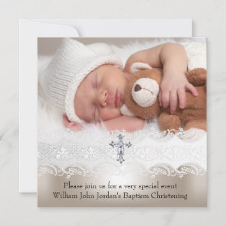 Photo Baptism White Beige Cross Baby Girl Boy Invitation