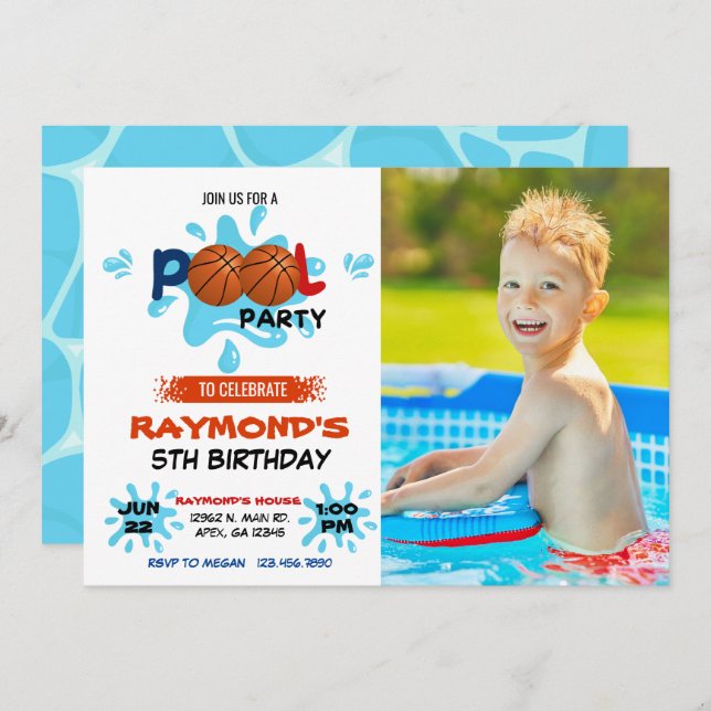 Photo Basketball Pool Party   Invitation (Front/Back)