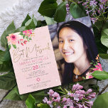 Photo Bat Mitzvah Pink Floral Watercolor Script Invitation<br><div class="desc">Be proud, rejoice and showcase this milestone of your favourite Bat Mitzvah with this sophisticated, personalised photo invitation! A chic, stunning, pink and peach floral watercolor with faux gold foil script typography modern dusty rose and grey sans serif type overlays a soft pink & confetti dots background on the left...</div>