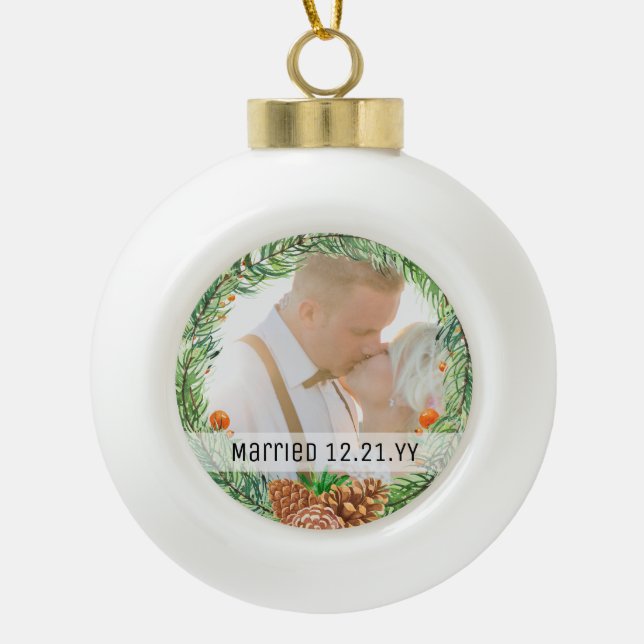 PHOTO BAUBLE - First Christmas Married or Engaged Ceramic Ball Christmas Ornament (Front)