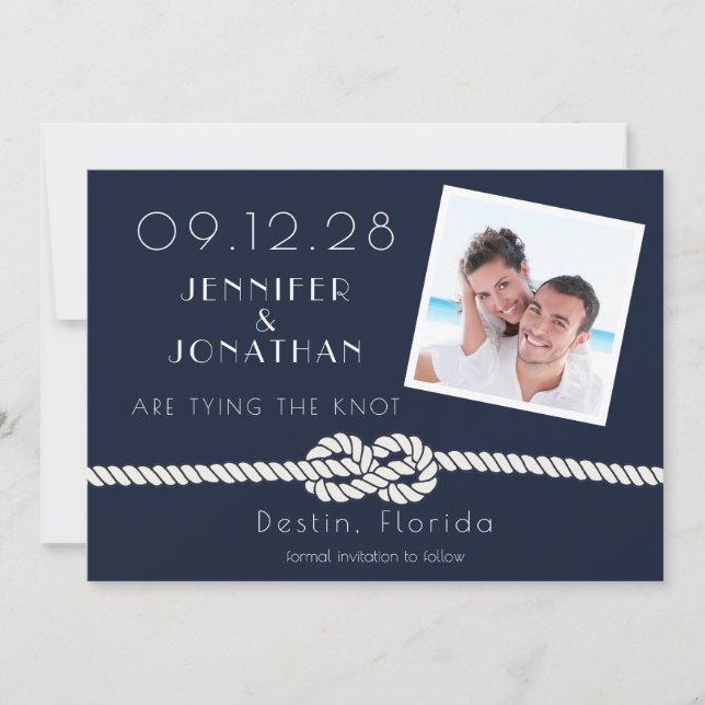 Photo Beach Nautical Rope Navy White Website Save The Date (Front)