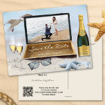 Photo Beach or Destination Save the Date Postcard<br><div class="desc">A romantic beach or destination wedding Save the Date postcard,  featuring your own favourite engagement photo in a suitcase frame on the beach. Champagne and beach fun promised!</div>