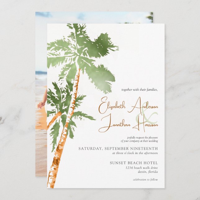 Photo Beach Palm Trees Destination Wedding Script Invitation (Front/Back)
