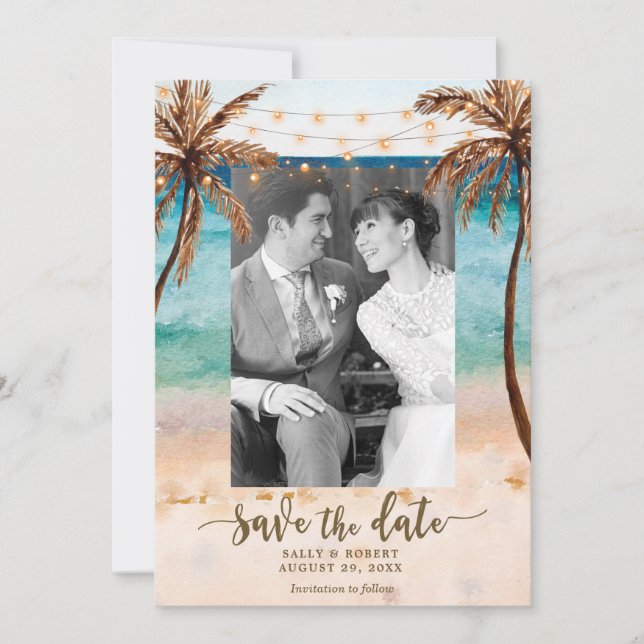 photo beach tropical wedding save the date card (Front)