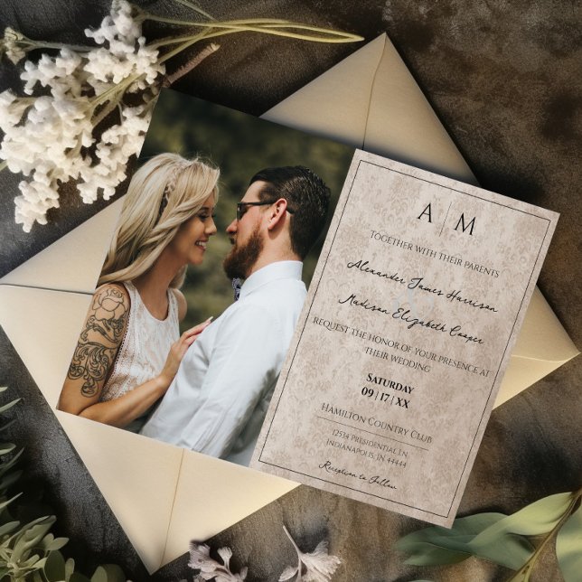 Photo Beige Damask Monogram Wedding Invitation (Beige Photo Damask Monogram Wedding Invitation)