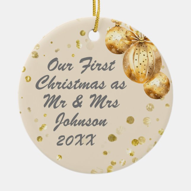 Photo Beige Gold First Christmas Mr Mrs Ceramic Ornament (Front)