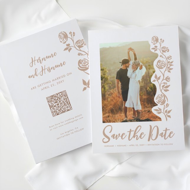 Photo Beige Sand Hand Drawn Roses QR Code Website Save The Date (Creator Uploaded)