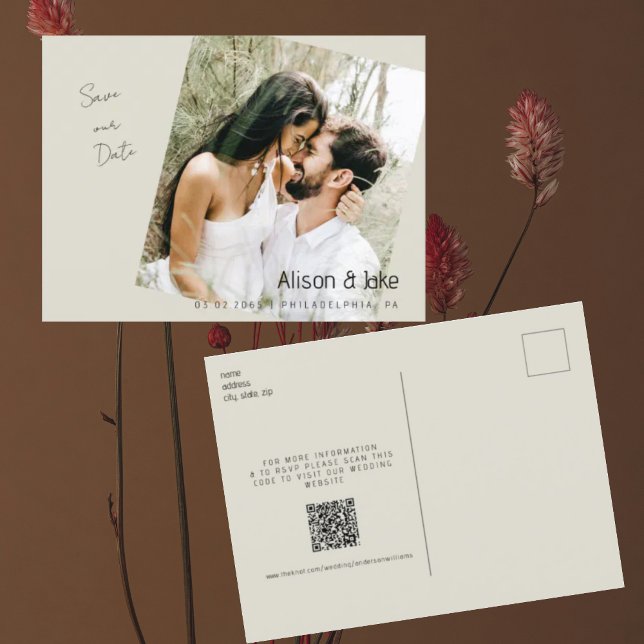 Photo Beige Save the date Wedding QR Code  Postcard (Creator Uploaded)