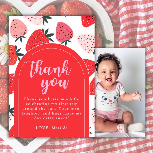 Photo Berry First Birthday  Strawberry Red Arch  Thank You Card (Creator Uploaded)