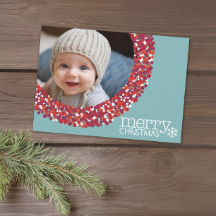 Photo - Berry Wreath red teal - circle border Holiday Card