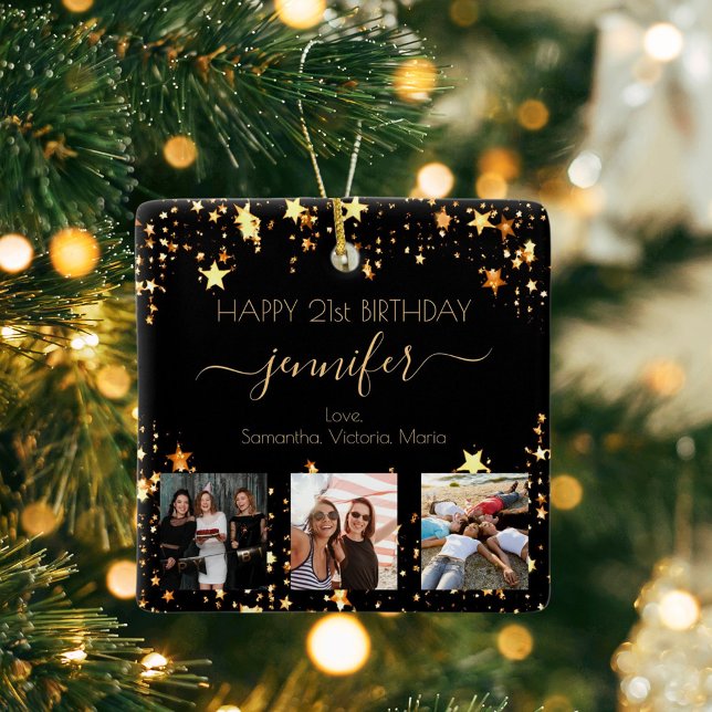 Photo  best friends birthday black gold stars ceramic ornament (Creator Uploaded)