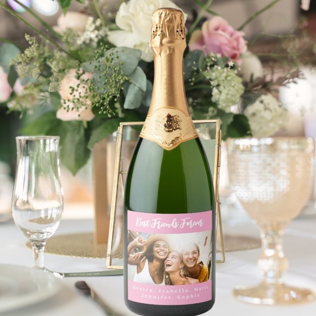 Photo best friends forever besties party pink sparkling wine label (Creator Uploaded)