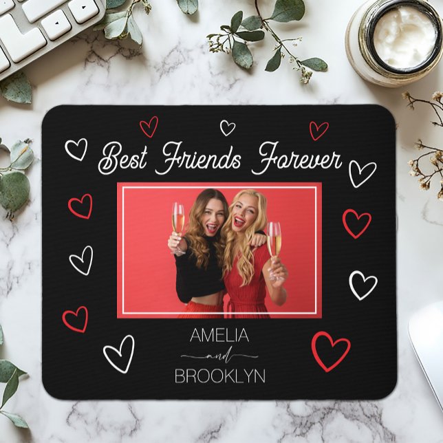 Photo Best Friends Forever Black and Red Hearts Mouse Pad (Photo Best Friends Forever Black and Red Hearts Mouse Pad)