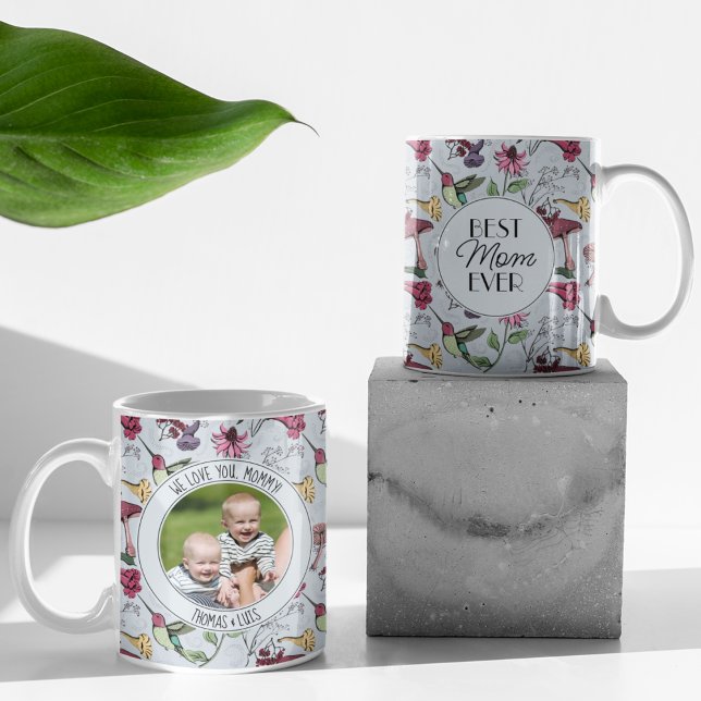 Photo Best Mum Ever Hummingbird & Exotic Flowers Coffee Mug (Chic Blue Mug with Hand-Drawn Hummingbird, Flowers & Mushrooms. Custom Photo & 2 Personalized Texts.)