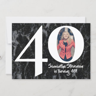 Photo Big 40 Black Marble Birthday Party Invitation