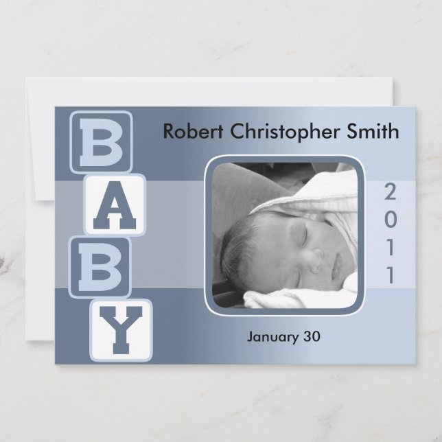 Photo Birth Announcement - Baby Boy with Blocks (Front)
