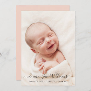 Photo Birth Announcement Card Peachy Pink Back