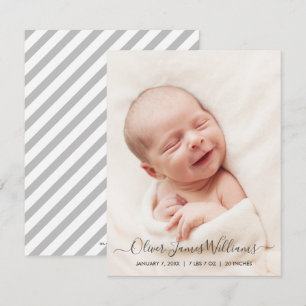 Photo Birth Announcement Card with Grey Stripes