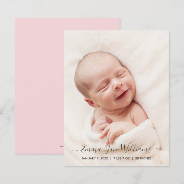 Photo Birth Announcement Card with Pink Back (Front/Back)