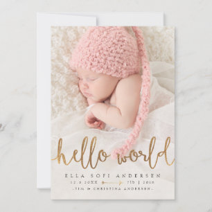 PHOTO BIRTH ANNOUNCEMENT   Girl Hello World Gold