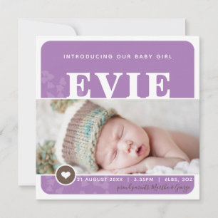 PHOTO BIRTH ANNOUNCEMENT heart spot purple botanic