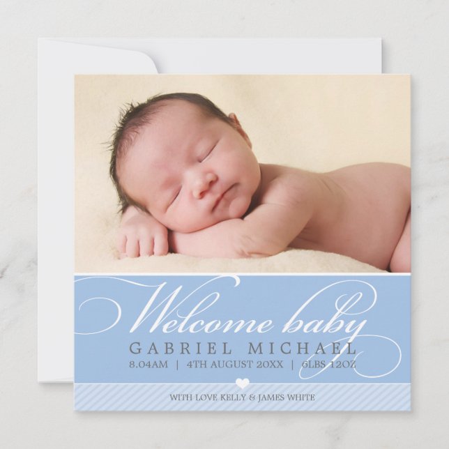 PHOTO BIRTH ANNOUNCEMENT lovely script type blue (Front)